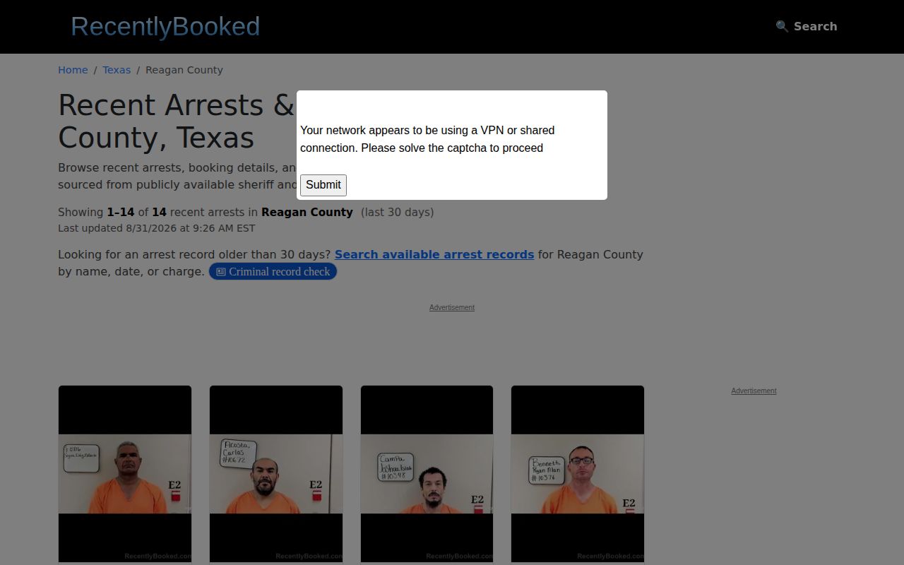 Reagan County secondary recent booking index page